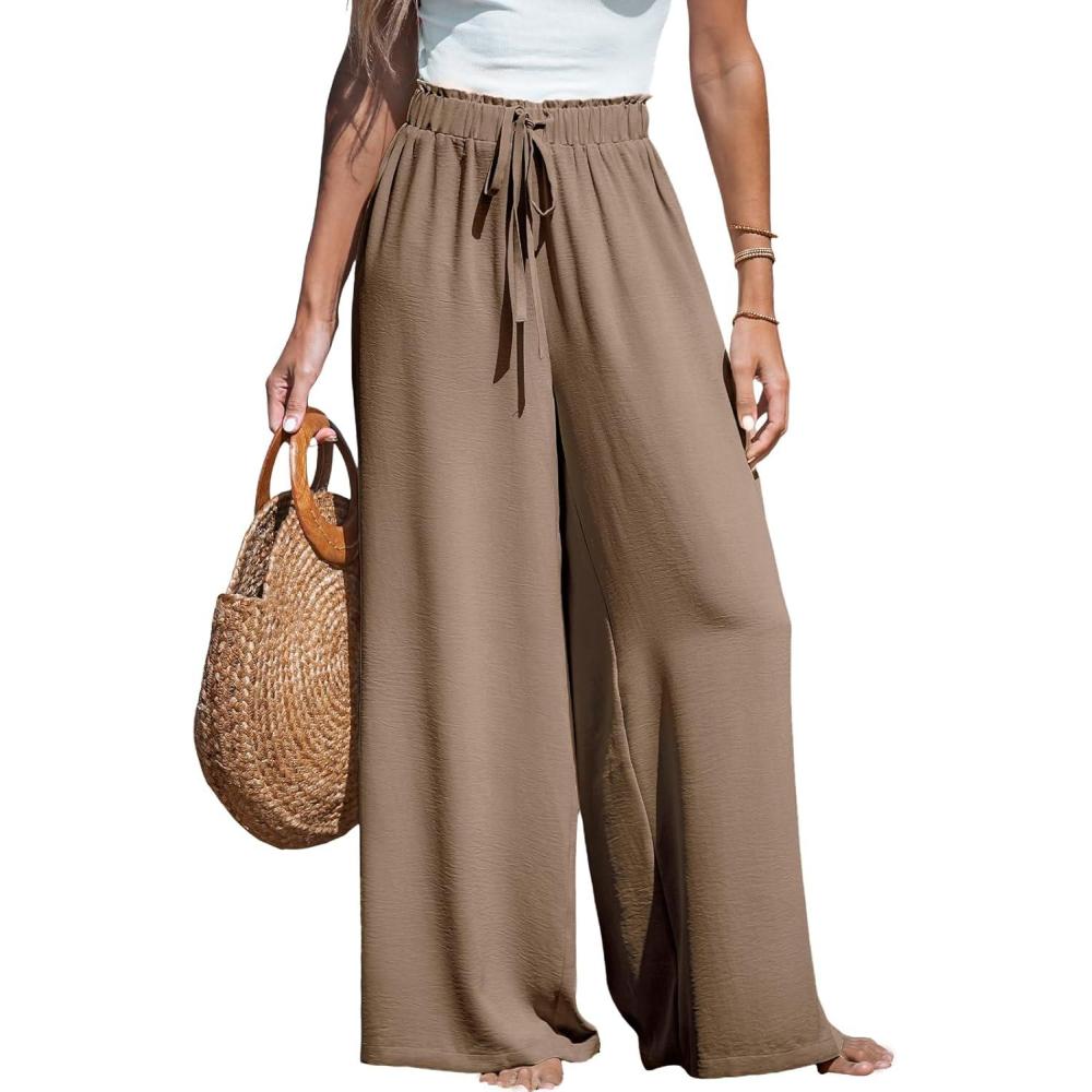 imageCUPSHE Palazzo Pants for Women Smocked Waist Boho Western Flowy Wide Leg PantCoffee
