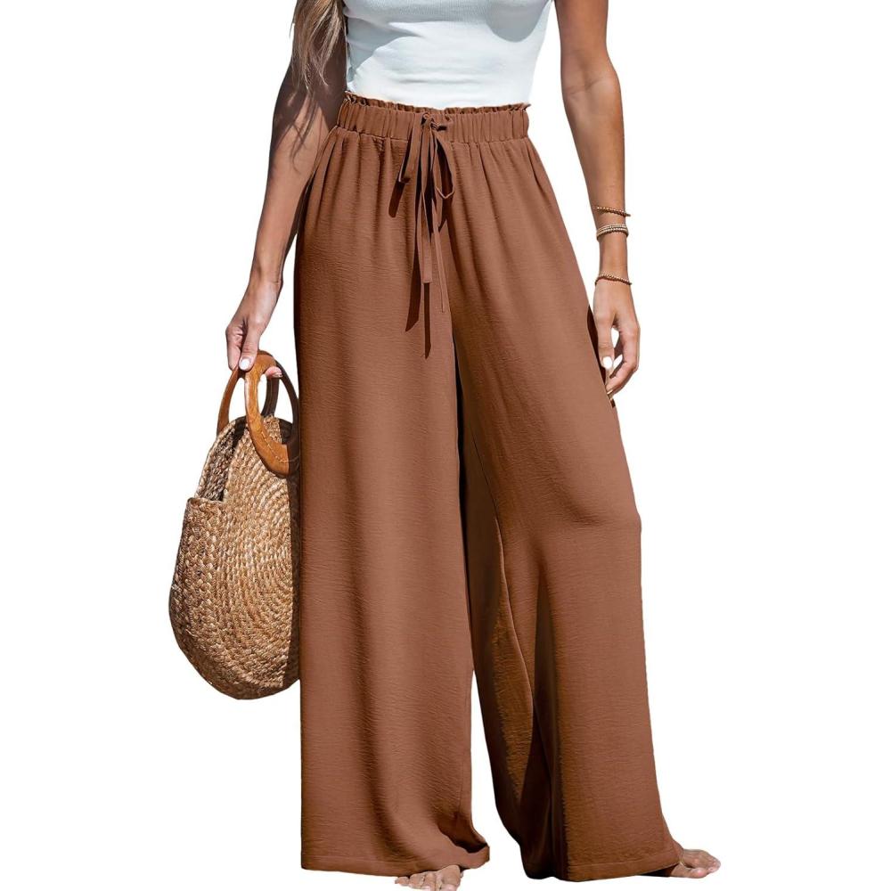 imageCUPSHE Palazzo Pants for Women Smocked Waist Boho Western Flowy Wide Leg PantDark Brown