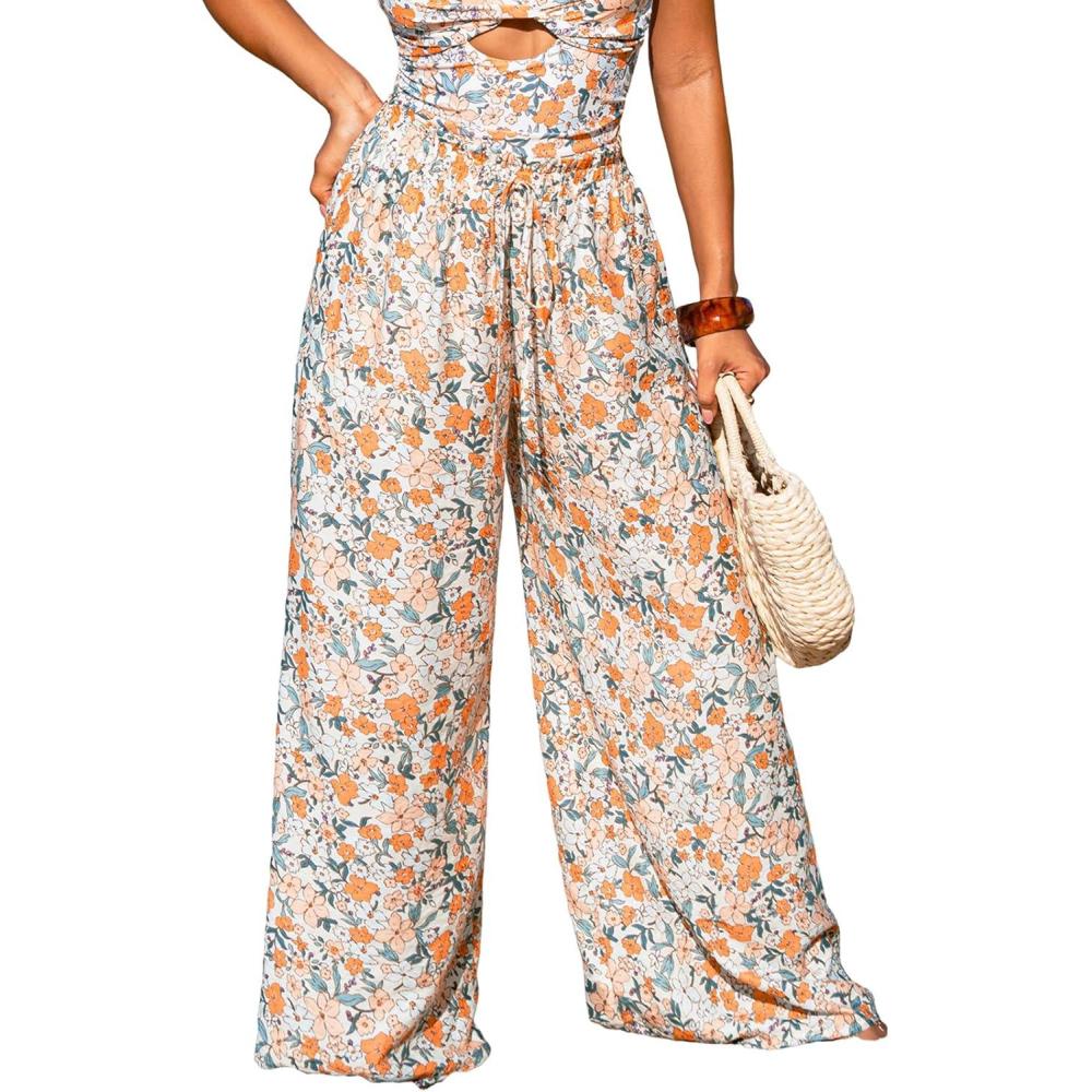 imageCUPSHE Palazzo Pants for Women Smocked Waist Boho Western Flowy Wide Leg PantFloral Orange