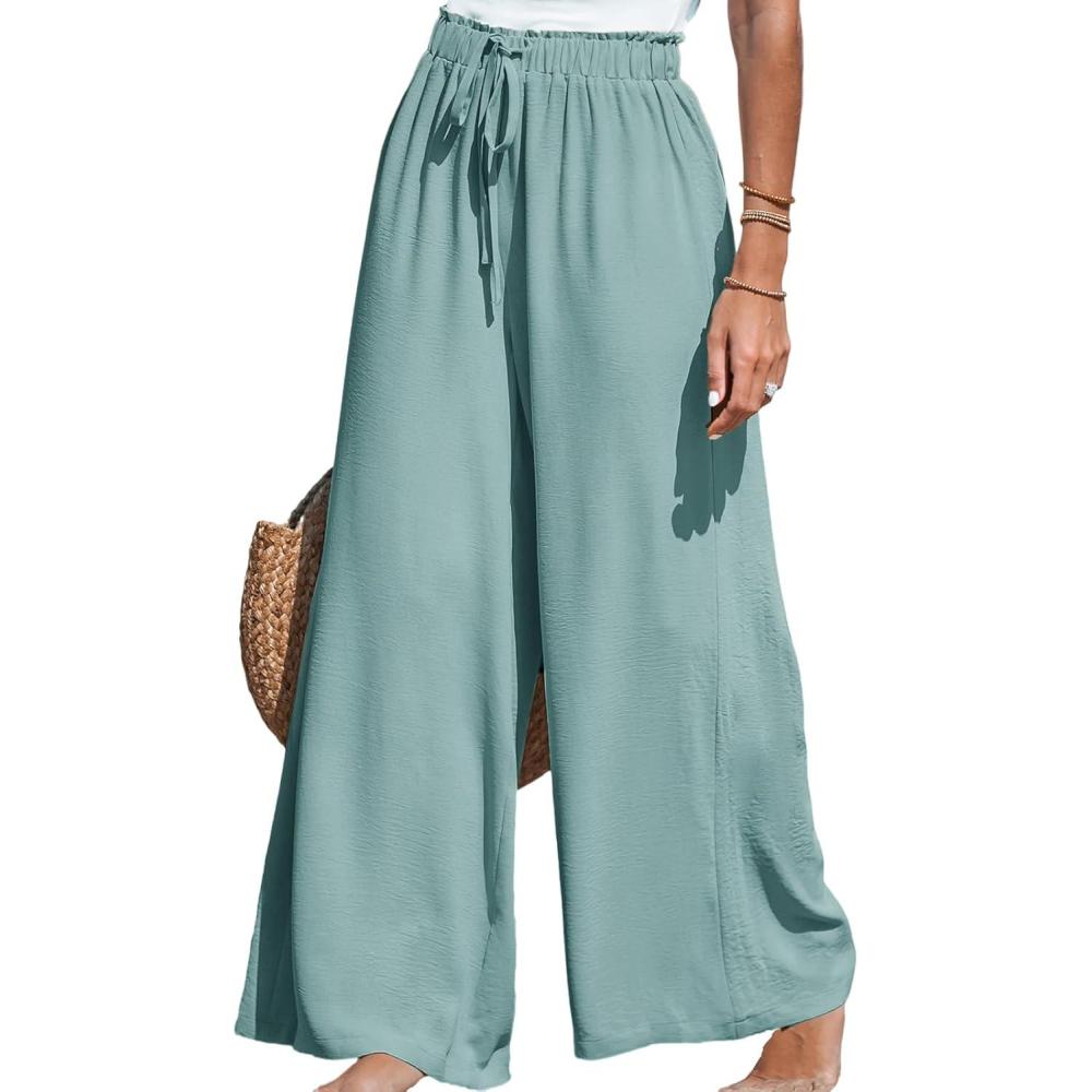 imageCUPSHE Palazzo Pants for Women Smocked Waist Boho Western Flowy Wide Leg PantGreen