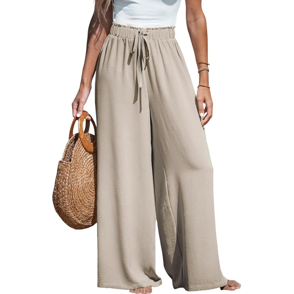 imageCUPSHE Palazzo Pants for Women Smocked Waist Boho Western Flowy Wide Leg PantGrey