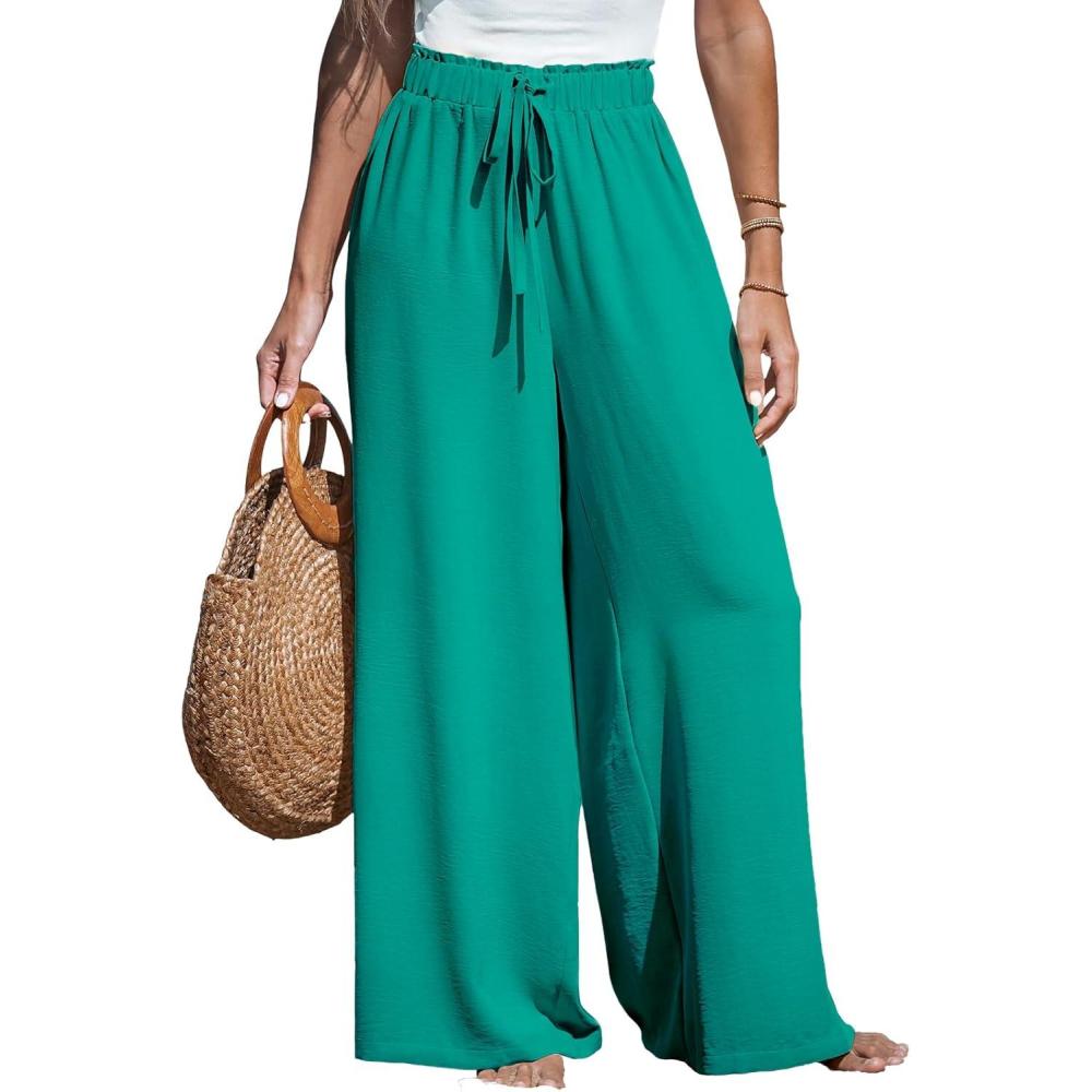 imageCUPSHE Palazzo Pants for Women Smocked Waist Boho Western Flowy Wide Leg PantMint Green
