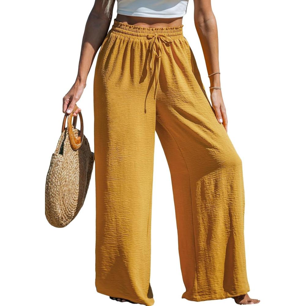 imageCUPSHE Palazzo Pants for Women Smocked Waist Boho Western Flowy Wide Leg PantYellow Mustard