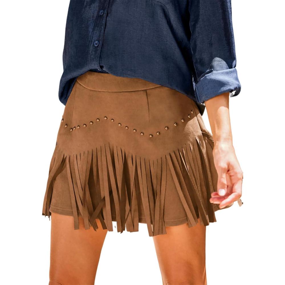 imageCUPSHE Skirts Womens Suede Fringe Cowgirl Country Concert Outfit Terra Cotta High Waist Fringe Mini Skirt WesternBrown