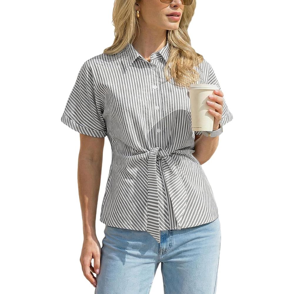 imageCUPSHE Striped Button Down Shirts WomenShort Sleeve Peplum Tops Business CasualTie Front Work Blouses SummerBlack