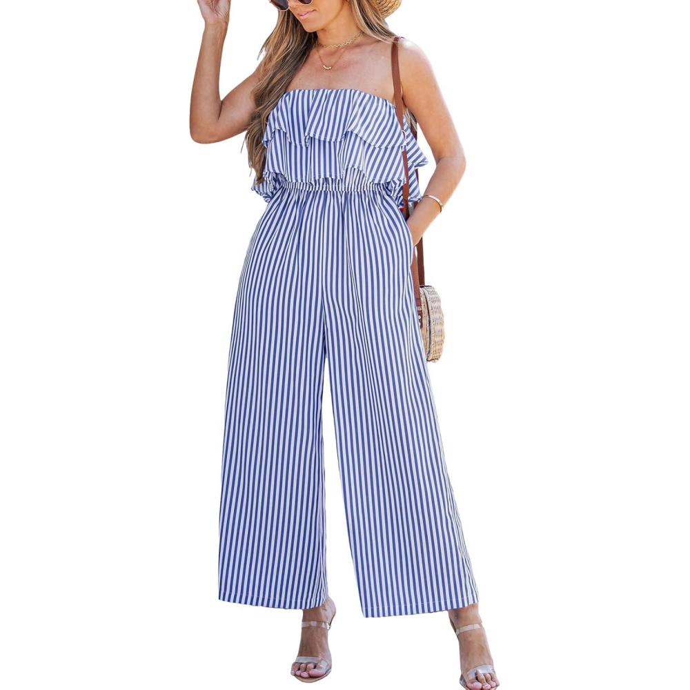 imageCUPSHE Striped Sleeveless Jumpsuits for Women Summer Off Shoulder Ruffle Hem Rompers Wide Leg One Piece Outfits OverallsBlue