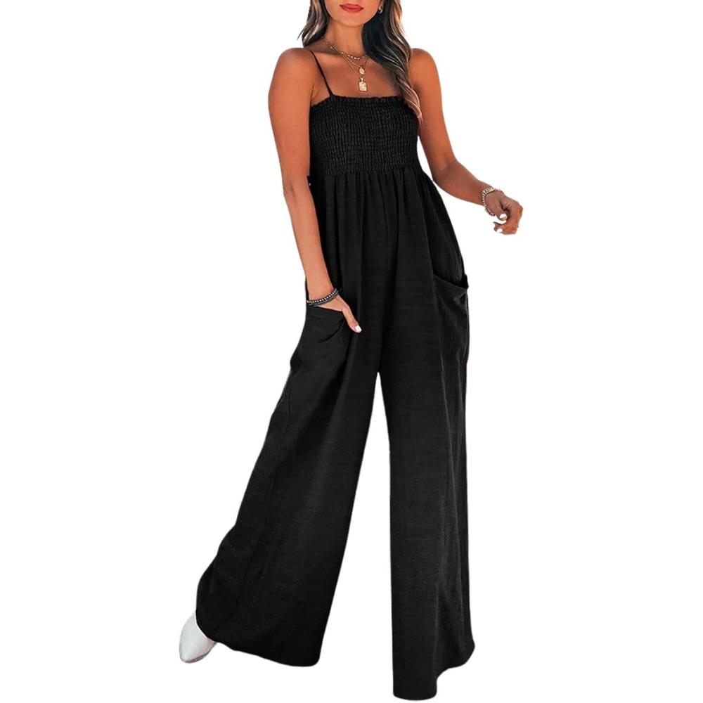 imageCUPSHE Summer Women Slip Ruching Smocked Jumpsuit Pants Square Neck Speghetti Straps Loose Waisted MaxiBlack