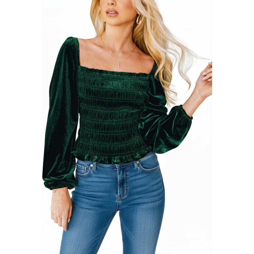 imageCUPSHE V Neck Wrap Velvet Tops Dressy Causal Long Sleeve Business Work Blouses Loose Fit Shirts Vacation Outfits4green