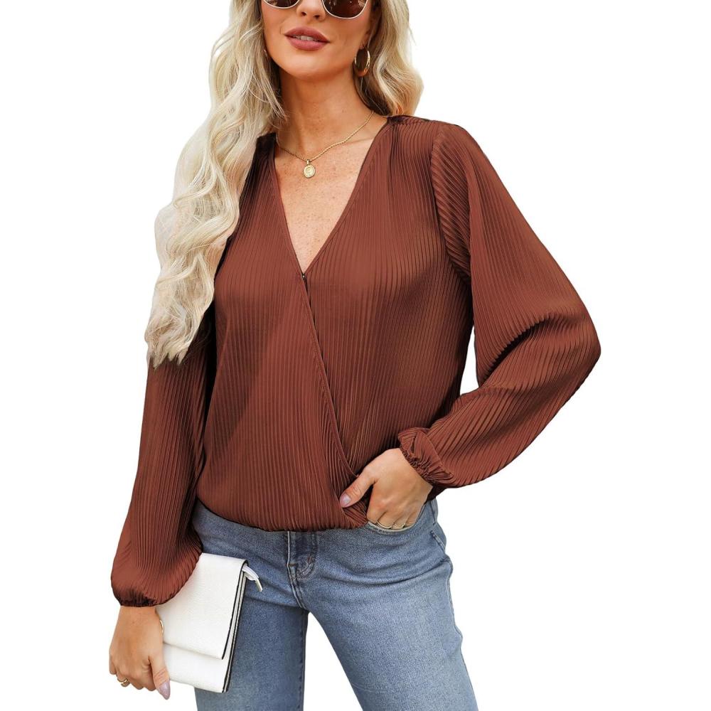 imageCUPSHE V Neck Wrap Velvet Tops Dressy Causal Long Sleeve Business Work Blouses Loose Fit Shirts Vacation OutfitsBrown