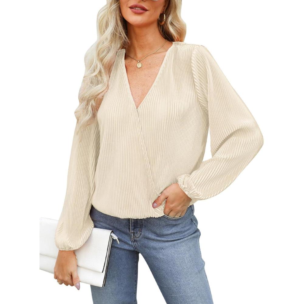 imageCUPSHE V Neck Wrap Velvet Tops Dressy Causal Long Sleeve Business Work Blouses Loose Fit Shirts Vacation OutfitsWhite