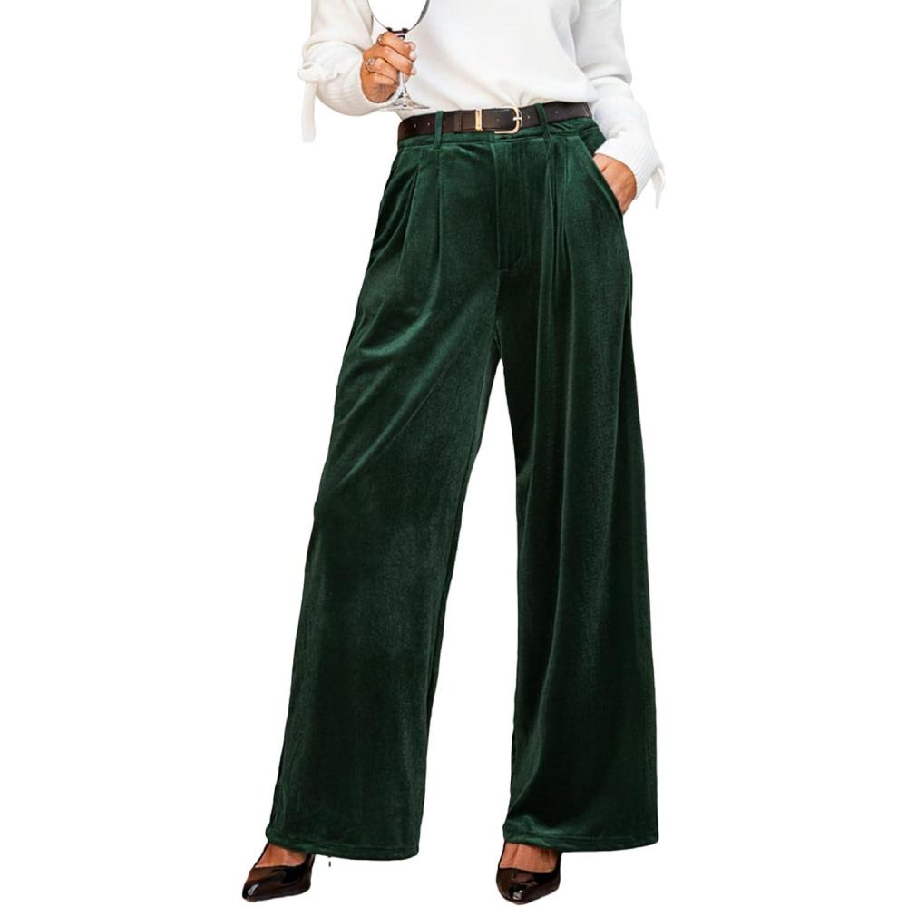 imageCUPSHE Velvet Pants for Women Wide Leg Dressy Velour Palazzo Work Pants with PocketsGreen