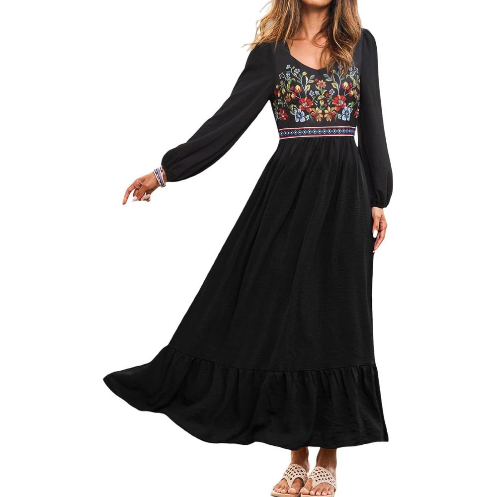 imageCUPSHE Women Fall Dresses Long Sleeve Boho Floral Casual Maxi DressBlack