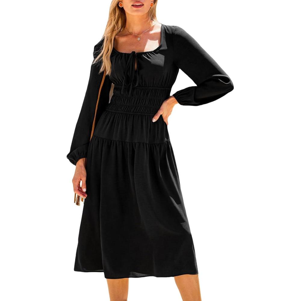imageCUPSHE Women Fall Dresses Long Sleeve Square Neck Tie Front Elastic High Waist A Line Wedding Guest Maxi DressBlack