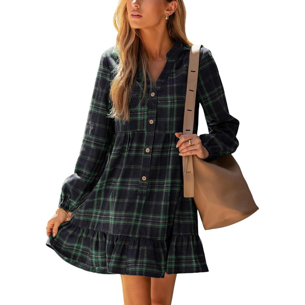 imageCUPSHE Women Fall Dresses Plaid Ruffle Hem V Neck Long Sleeve Button Holiday Tunic Mini DressGreen