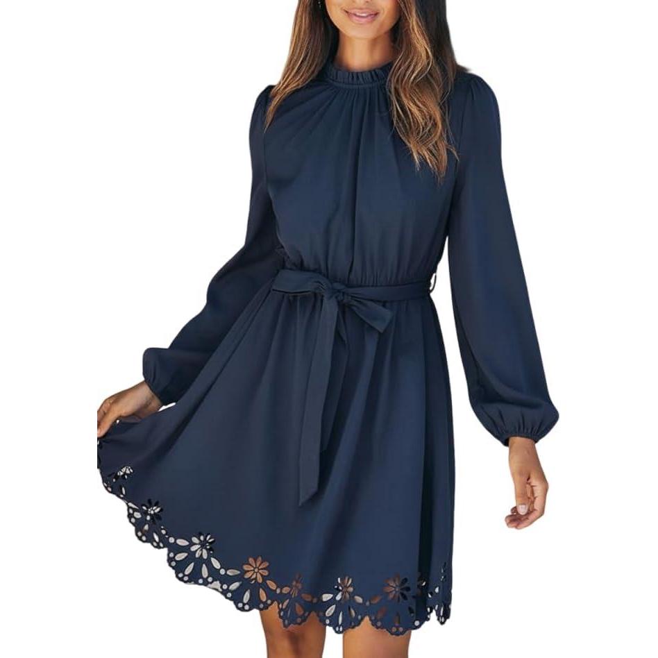 imageCUPSHE Women Fall Dresses Scallop Trim Cutout Smocked Mock Neck Tie Waist Long Sleeve A Line Flowy Mini DressNavy