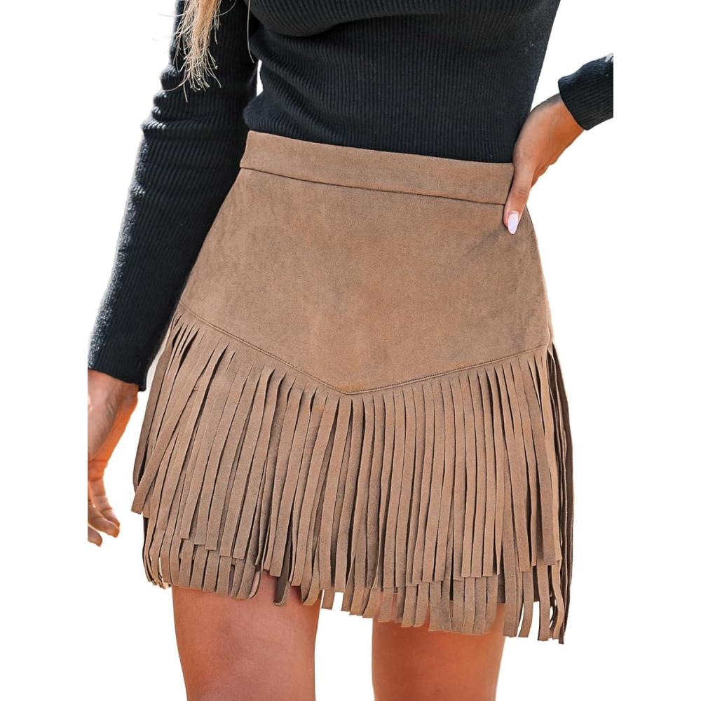 imageCUPSHE Women Fringe Skirts Western Cowgirl Terra Cotta High Waist Mini Skirt Suede Tassel Short Counrty ConcertLight Brown