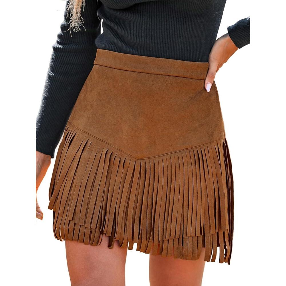 imageCUPSHE Women Fringe Skirts Western Cowgirl Terra Cotta High Waist Mini Skirt Suede Tassel Short Counrty ConcertOrange Brown