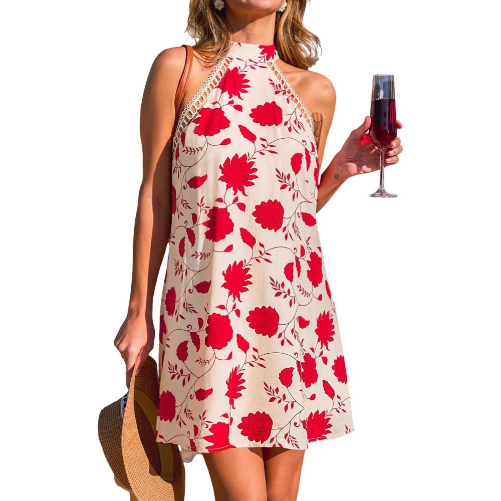 imageCUPSHE Women Lace Trim Summer Dress Halter High Neck with Tie Backless A Line Lining Casual Sundress Holiday Mini DressRed Floral