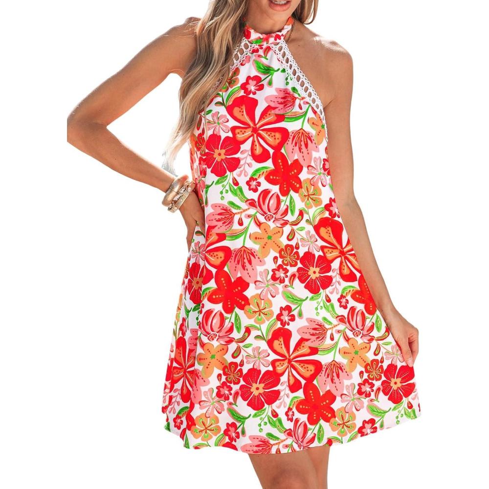 imageCUPSHE Women Lace Trim Summer Dress Halter High Neck with Tie Backless A Line Lining Casual Sundress Holiday Mini DressRedOrange