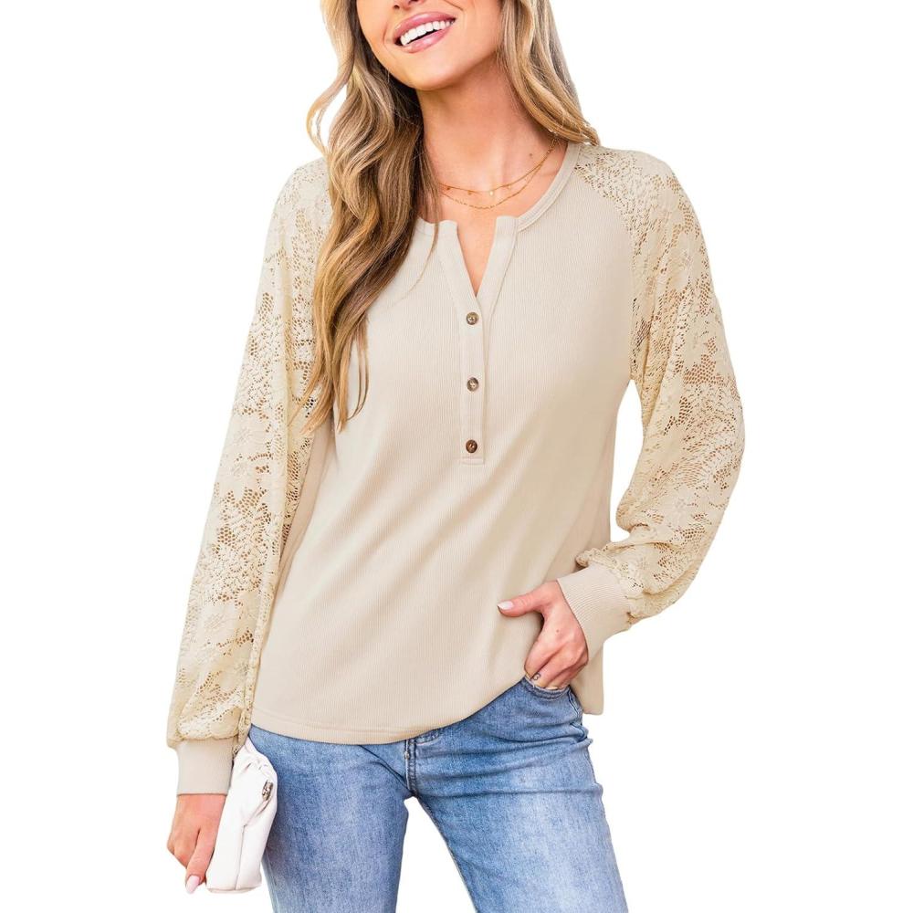 imageCUPSHE Women Long Sleeve Shirts Solid Button V Neck Lace Sleeves Slim Fit Casual Fall Shirts 2025Khaki