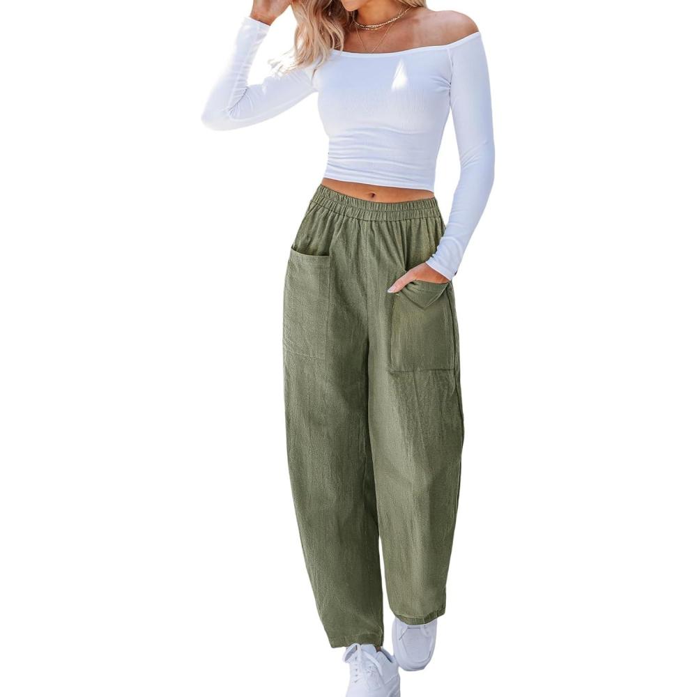 imageCUPSHE Women Pants HighWaisted Cargo Pant Pockets Leg Cotton Fit Coverup Elastic Work Casual DressyArmy Green