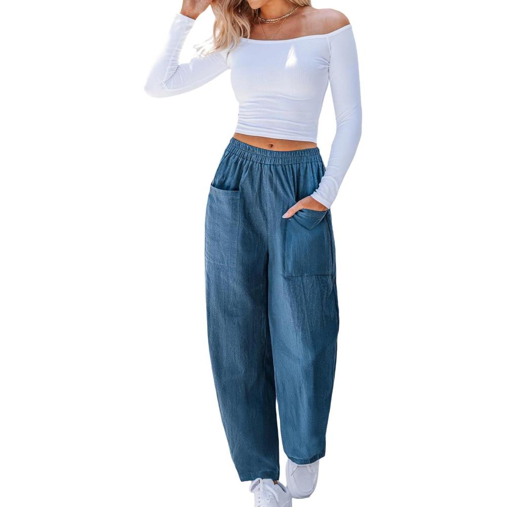imageCUPSHE Women Pants HighWaisted Cargo Pant Pockets Leg Cotton Fit Coverup Elastic Work Casual DressyBlue