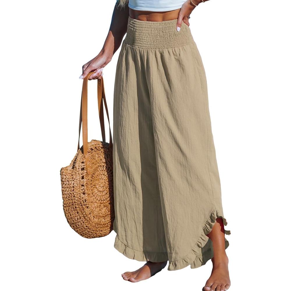 imageCUPSHE Women Pants Smocked Waist Straight Leg Ruffle Cuffs Loose Fit Pant Casual BeachLight Brown