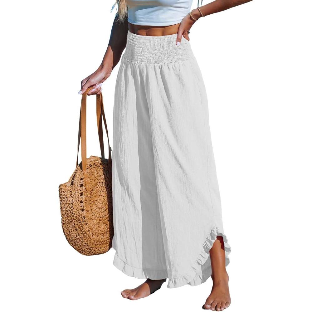 imageCUPSHE Women Pants Smocked Waist Straight Leg Ruffle Cuffs Loose Fit Pant Casual BeachWhite