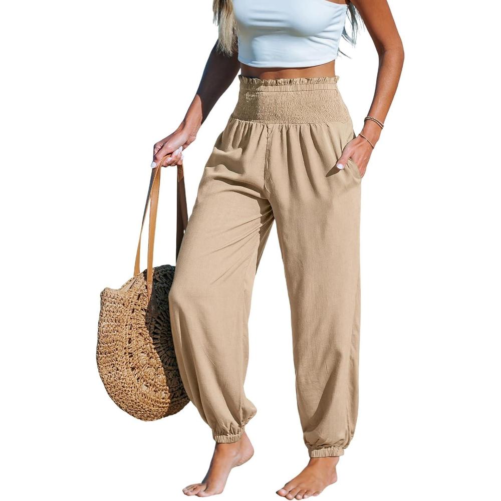 imageCUPSHE Women Pants with Pocket Smocked Waist Wide Leg Ruffle Loose Fit Pant Casual BeachBeige