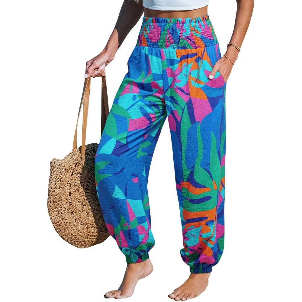 imageCUPSHE Women Pants with Pocket Smocked Waist Wide Leg Ruffle Loose Fit Pant Casual BeachBlue Floral