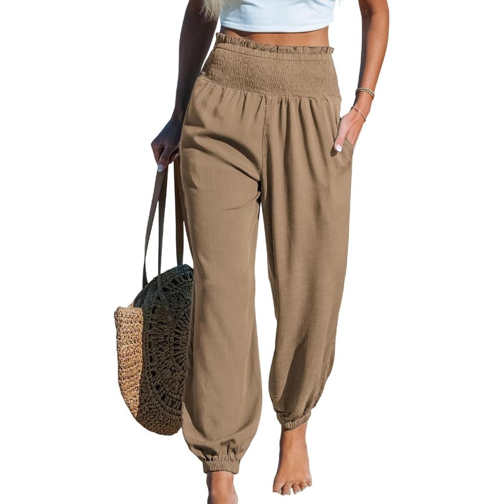 imageCUPSHE Women Pants with Pocket Smocked Waist Wide Leg Ruffle Loose Fit Pant Casual BeachBrown