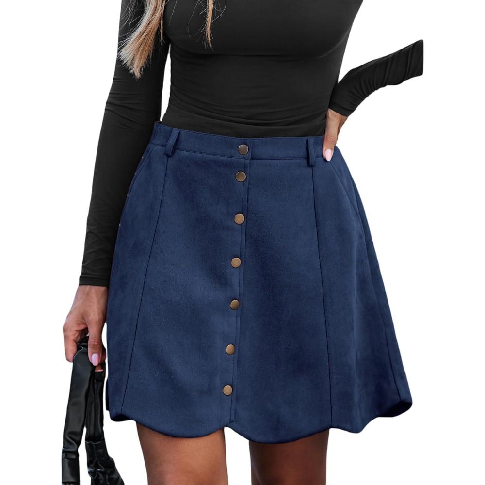 imageCUPSHE Women Skirt Buttons Pocket Mini Skirts High Waist Petal Hem Aline Casual Fall Winter VacationNavy Blue