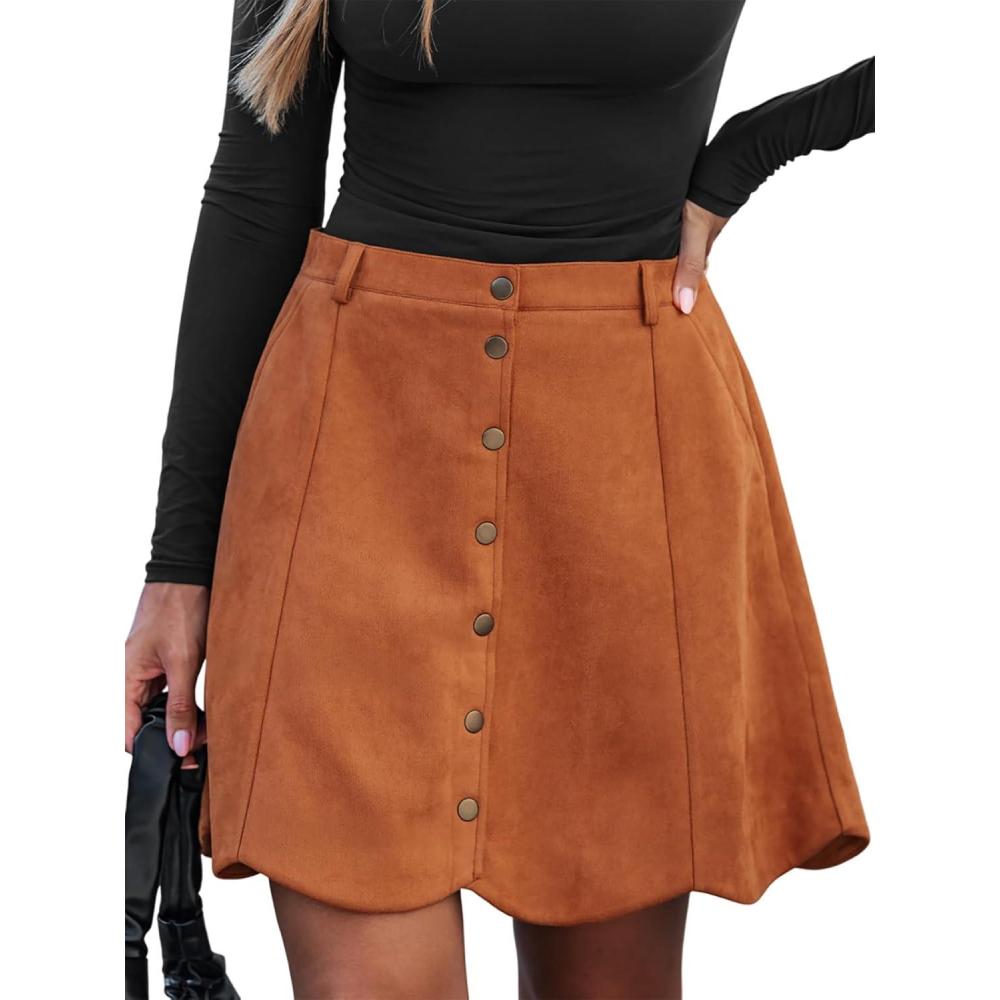 imageCUPSHE Women Skirt Buttons Pocket Mini Skirts High Waist Petal Hem Aline Casual Fall Winter VacationOrange Brown