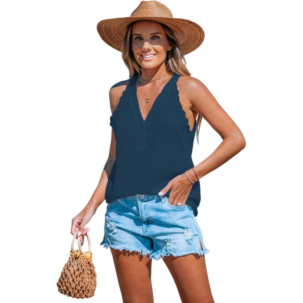 imageCUPSHE Women Tops Sleeveless V Neck Shirt Lace Tee Solid Casual SummerNavy