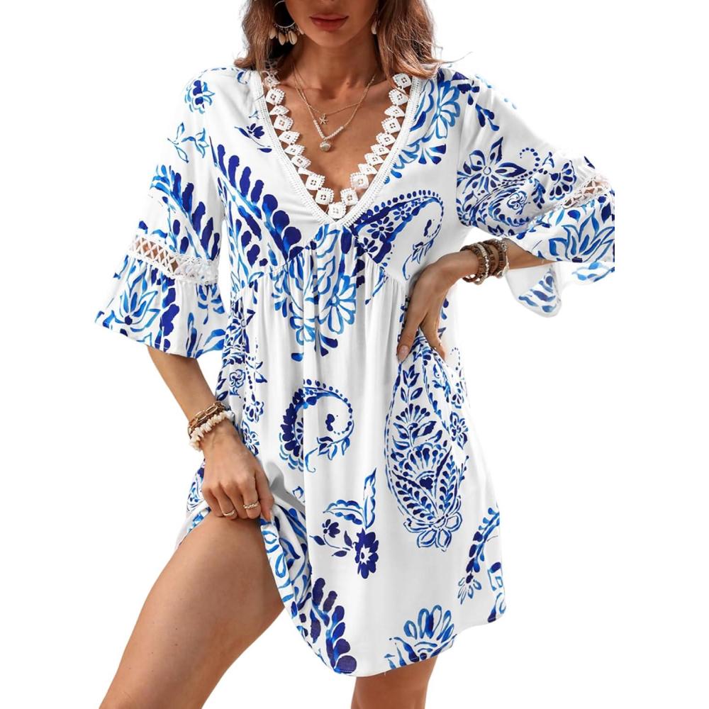 imageCUPSHE Women V Neck Lace Trim Mini Summer Dress Cover Up 34 Sleeve Ruffled Cuff Casual Sundress Beach Dresses Cover UpsBlue