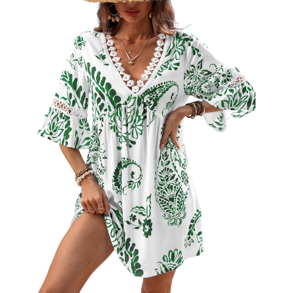 imageCUPSHE Women V Neck Lace Trim Mini Summer Dress Cover Up 34 Sleeve Ruffled Cuff Casual Sundress Beach Dresses Cover UpsGreen