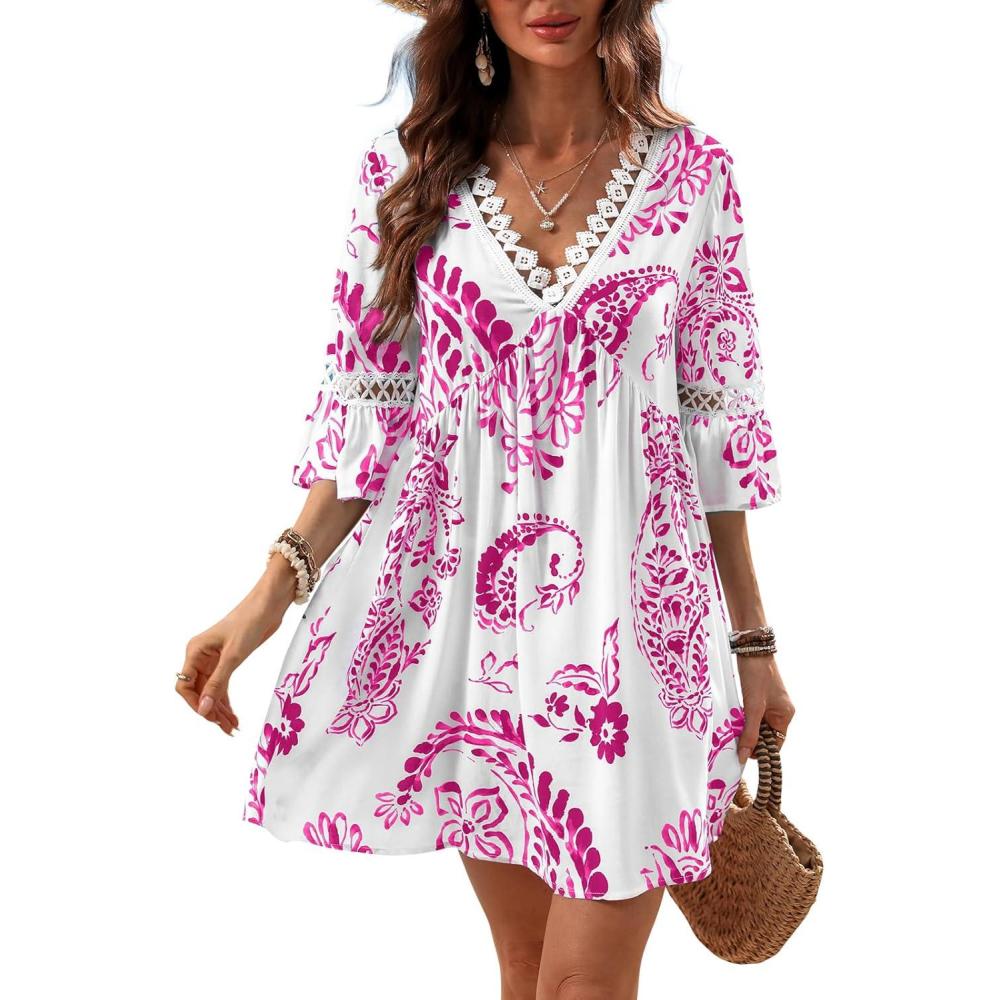 imageCUPSHE Women V Neck Lace Trim Mini Summer Dress Cover Up 34 Sleeve Ruffled Cuff Casual Sundress Beach Dresses Cover UpsPink