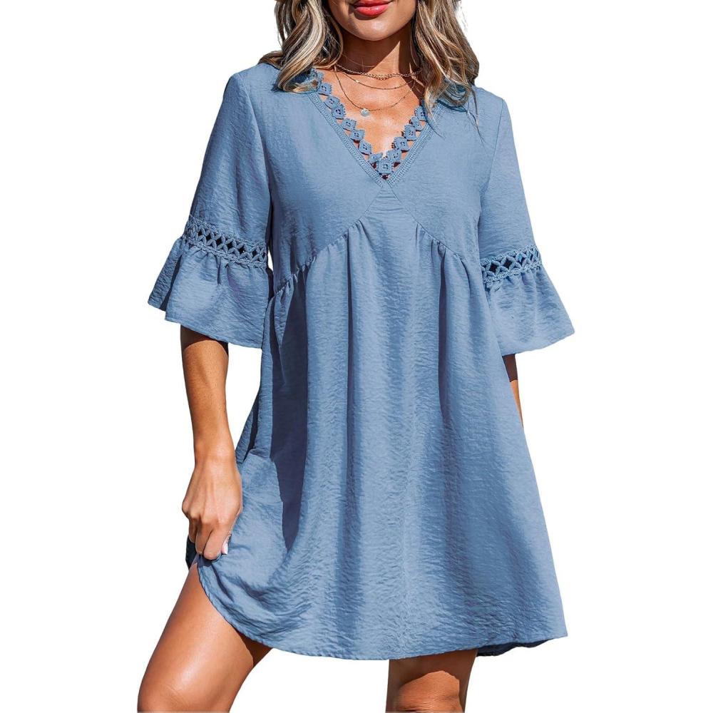 imageCUPSHE Women V Neck Lace Trim Mini Summer Dress Cover Up 34 Sleeve Ruffled Cuff Casual Sundress Beach Dresses Cover UpsSolid Blue