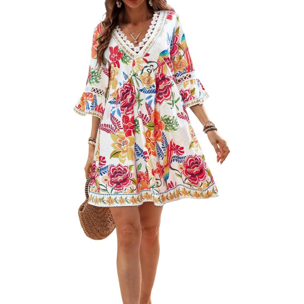 imageCUPSHE Women V Neck Lace Trim Mini Summer Dress Cover Up 34 Sleeve Ruffled Cuff Casual Sundress Beach Dresses Cover UpsTropical Floral