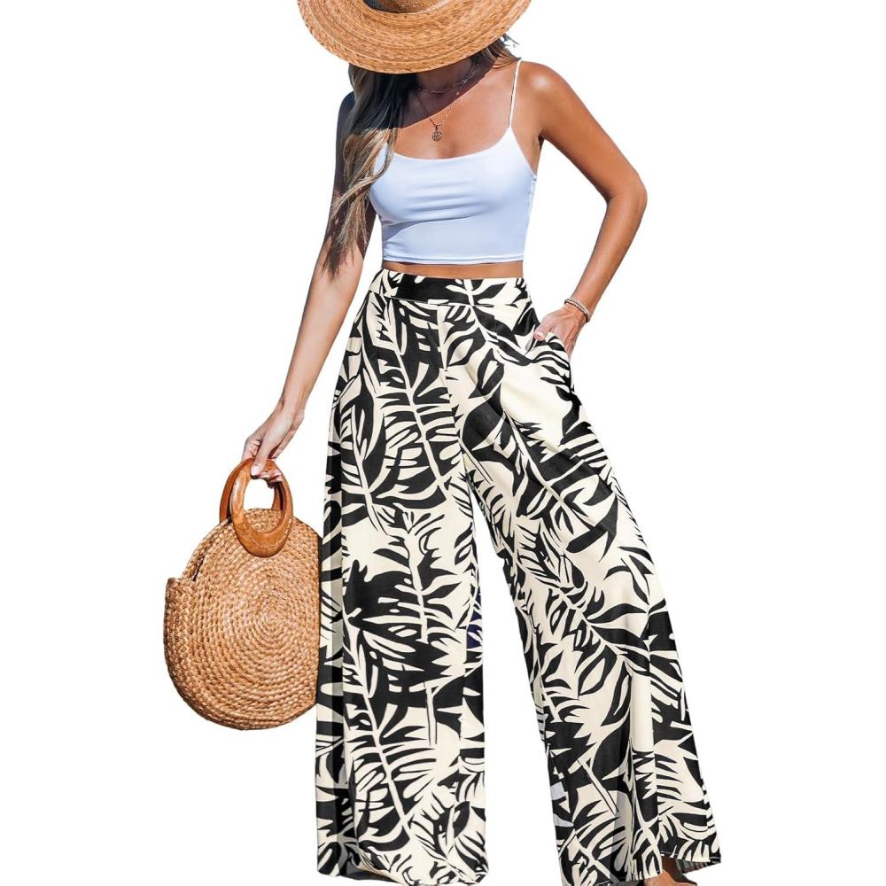 imageCUPSHE Women Wide Leg Beach Pants Tropical Floral Plus Size Pants with Pockets Vacation Casual DressyBlack