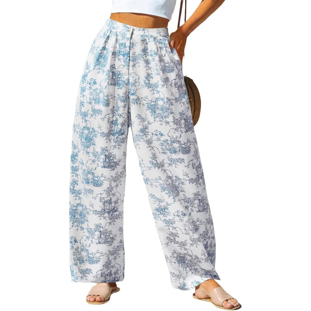 imageCUPSHE Women Wide Leg Beach Pants Tropical Floral Plus Size Pants with Pockets Vacation Casual DressyBlue Floral