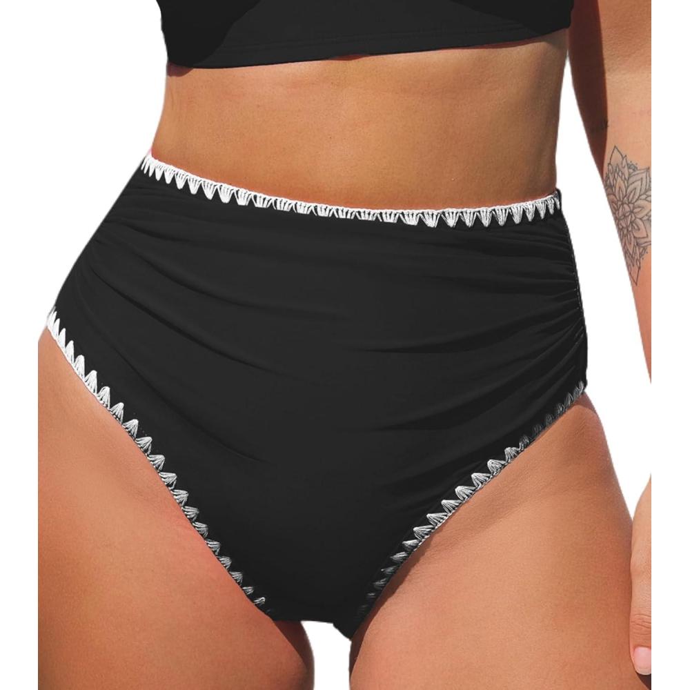 imageCUPSHE Womens Bikini Bottom High Waisted Swimsuit Ruched Bathing Suit Stitching Full Coverage Swimwear BottomBlack