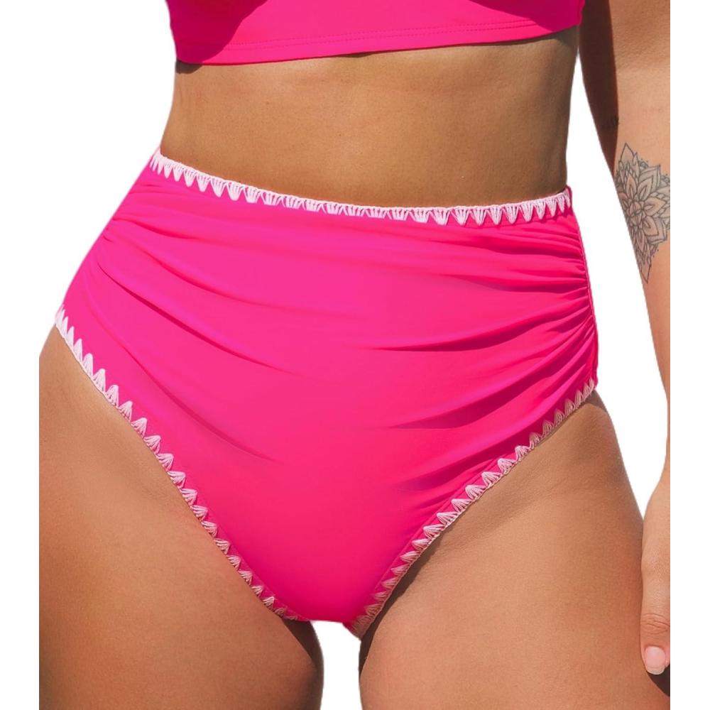 imageCUPSHE Womens Bikini Bottom High Waisted Swimsuit Ruched Bathing Suit Stitching Full Coverage Swimwear BottomMagenta Pink