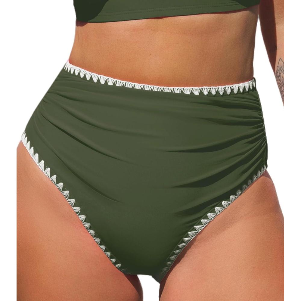 imageCUPSHE Womens Bikini Bottom High Waisted Swimsuit Ruched Bathing Suit Stitching Full Coverage Swimwear BottomOlive Green