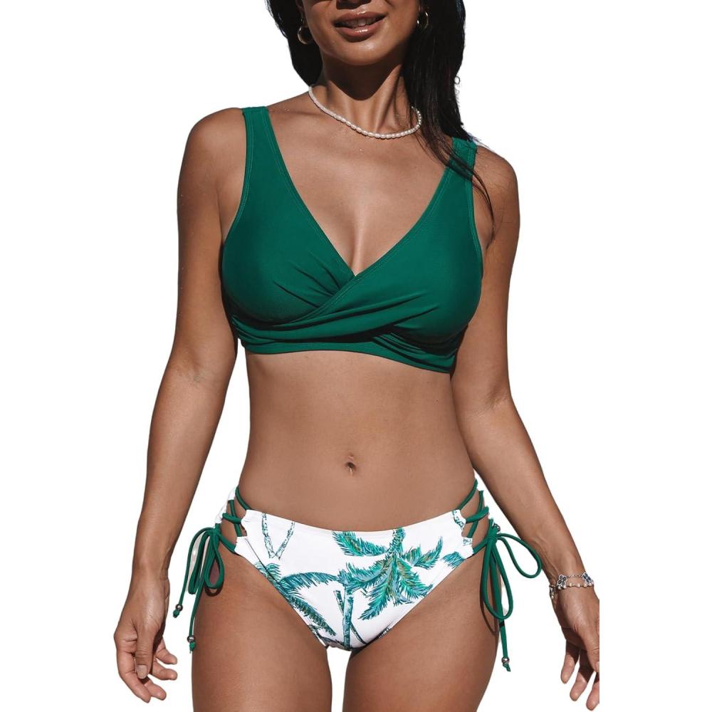 imageCUPSHE Womens Bikini Swimsuit Front Cross Lace Up Two Piece Bathing SuitEmerald GreenLeaf