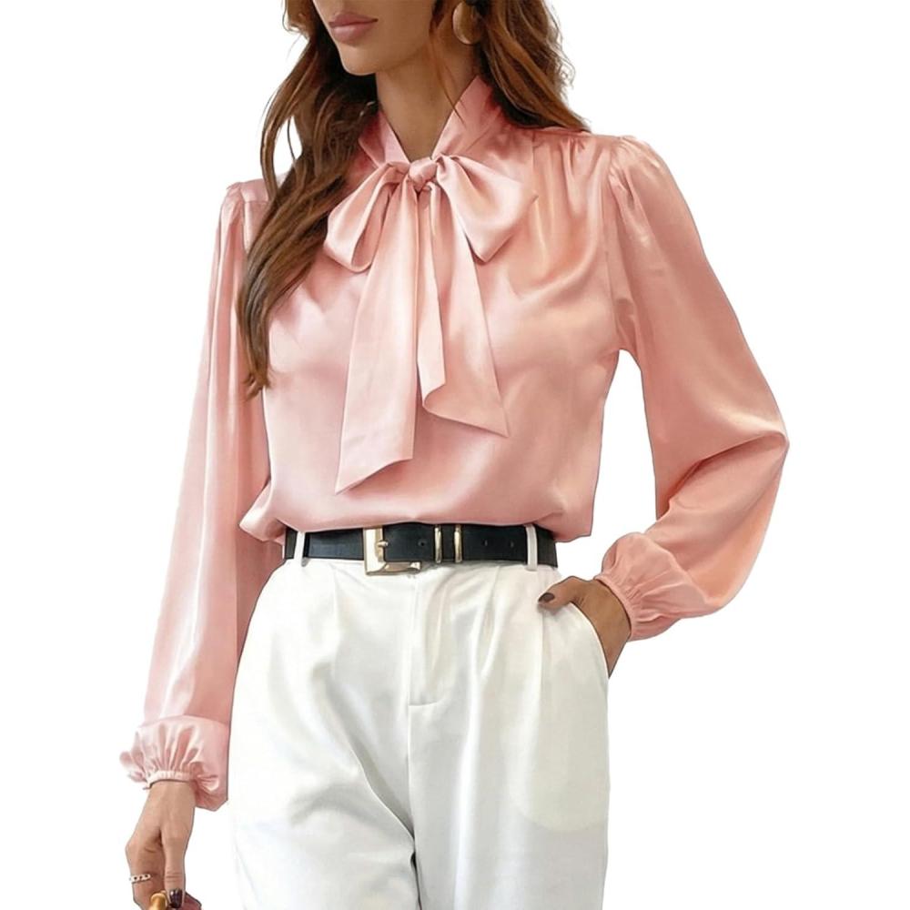 imageCUPSHE Womens Blouses Long Sleeve Satin Shirts Bow Tie High Neck Tops Dressy CasualPink