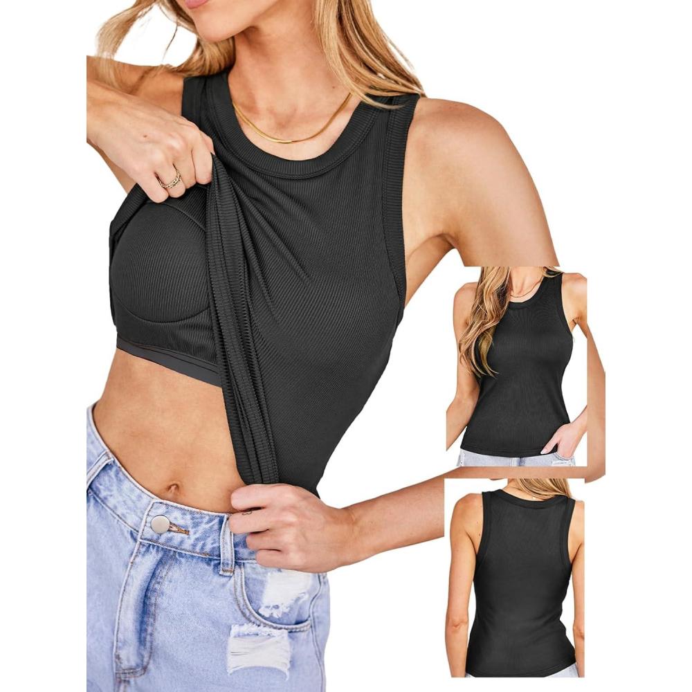 imageCUPSHE Womens Built in Bra Tank Tops Ribbed Sleeveless 2025 Summer Basic TopsBlack