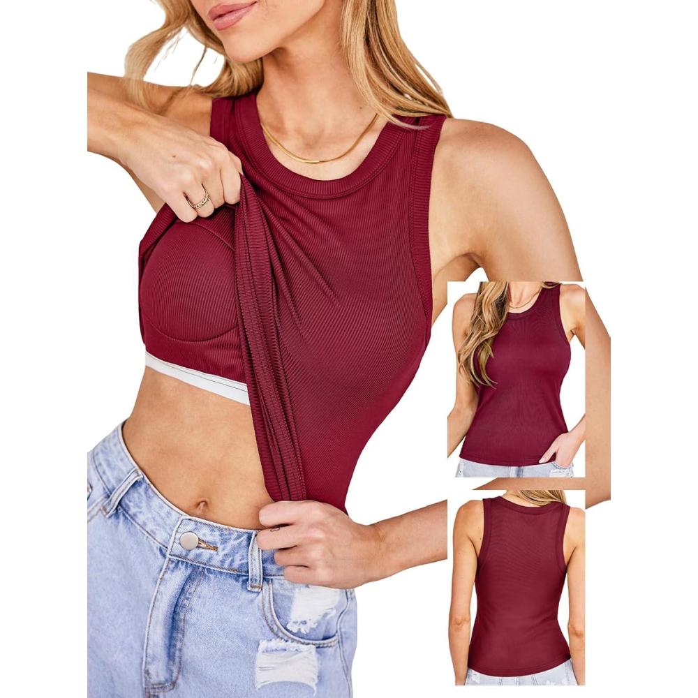 imageCUPSHE Womens Built in Bra Tank Tops Ribbed Sleeveless 2025 Summer Basic TopsRed
