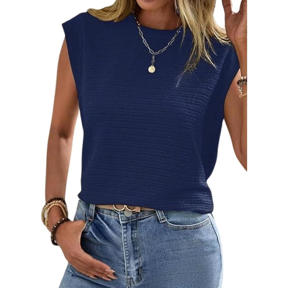 imageCUPSHE Womens Cap Sleeve Summer Tops Crewneck Textured Cute Tank 2025 Casual Trendy TShirtsBlue