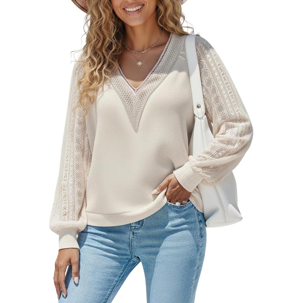 imageCUPSHE Womens Casual Long Lace Sleeve V Neck Tops 2025 Fall Loose Shirts BlouseBeige